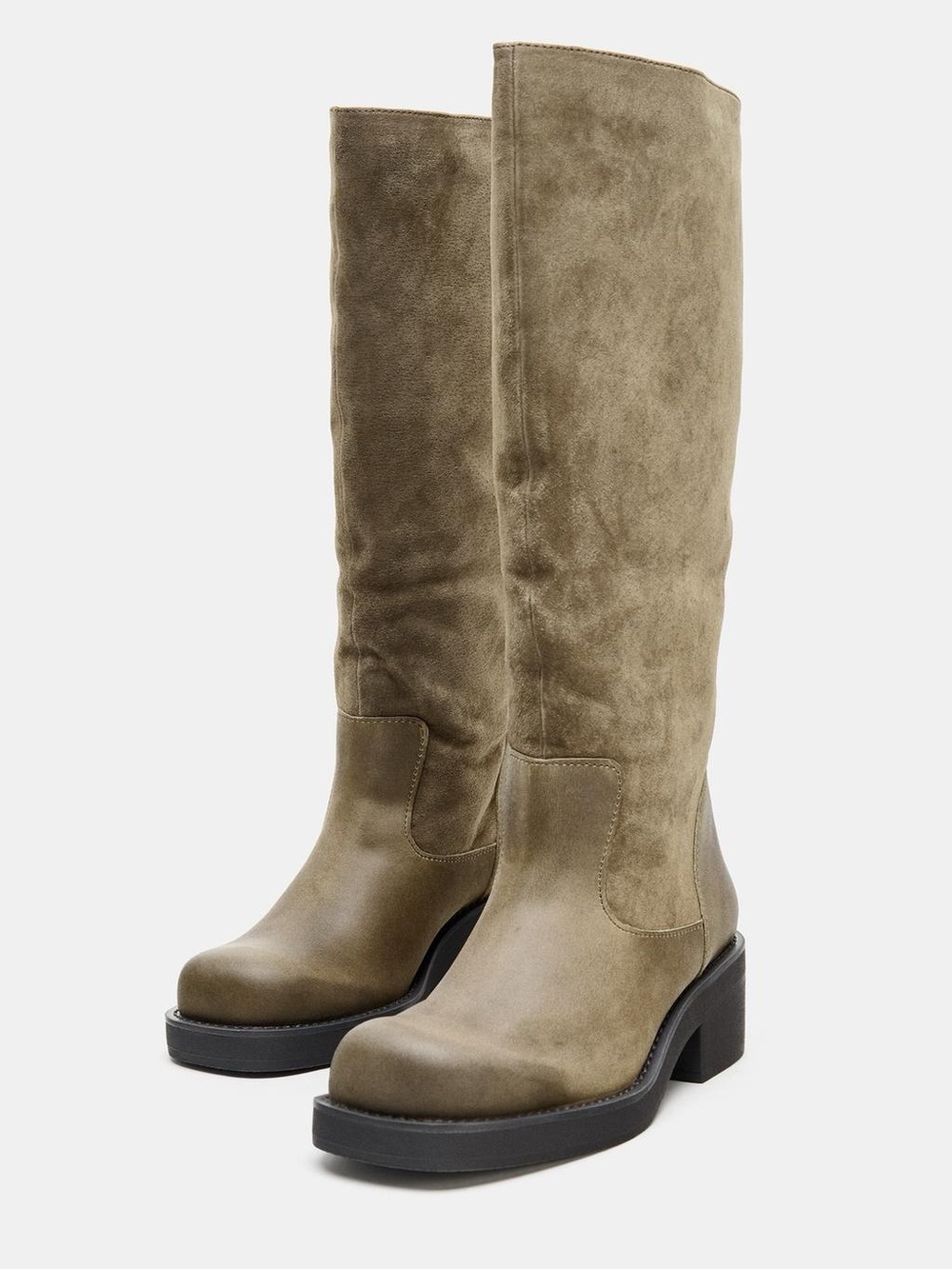 ZARA Contrast Leather High Boots Brown Square Toe Size 9 NWT